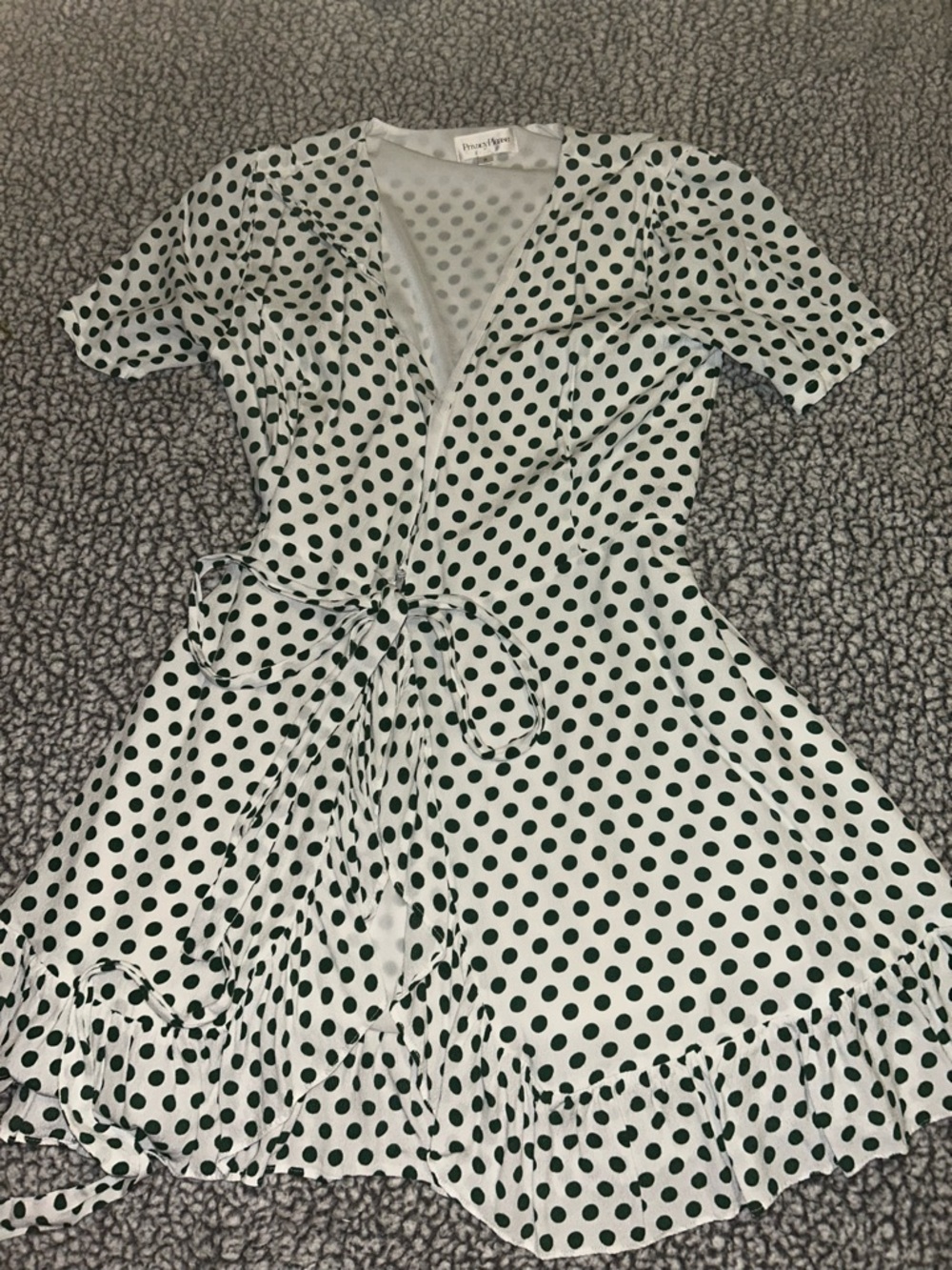 Privacy Please White Wrap Dress with Dark Green Polka Dots